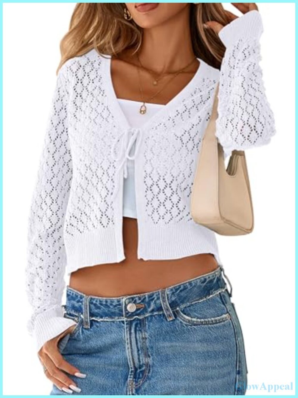 Cropped Cardigan Tie Front Long Sleeve Crochet Knit Shrug